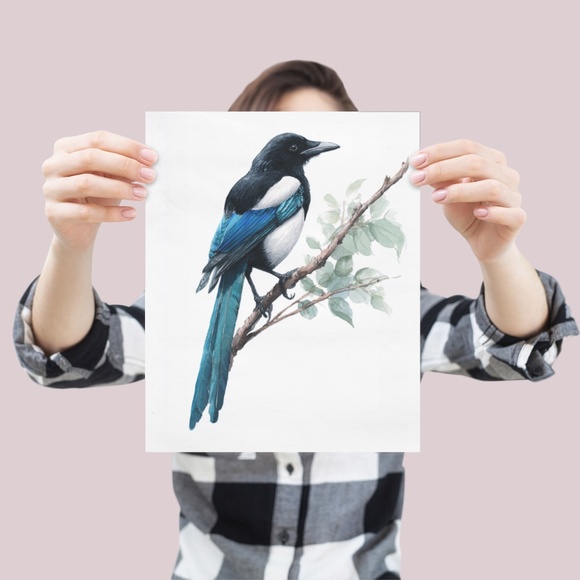 Watercolor Magpie Bird Wall Art Print, Unframed - Elegant Nature-Inspired Decor - Picture 4 of 6